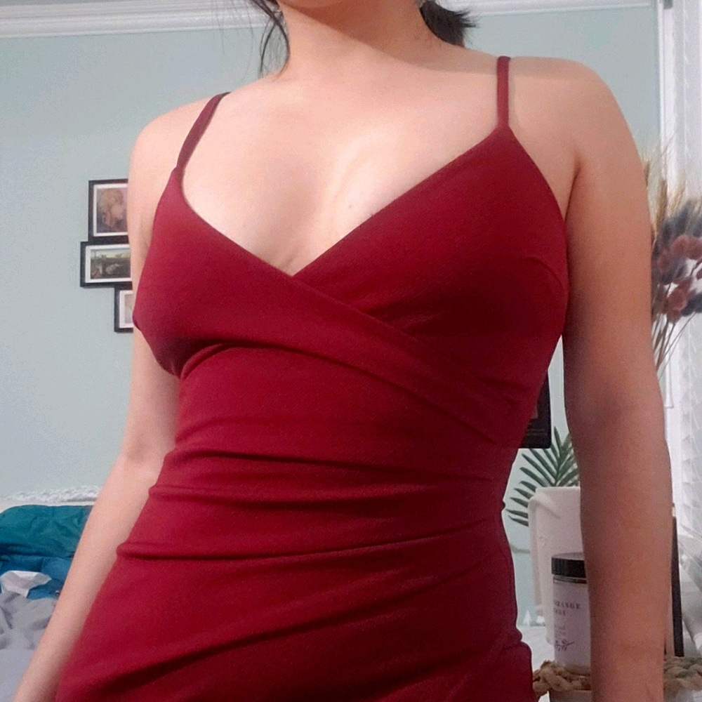 Burgundy wrap bodycon front crepe midi dress